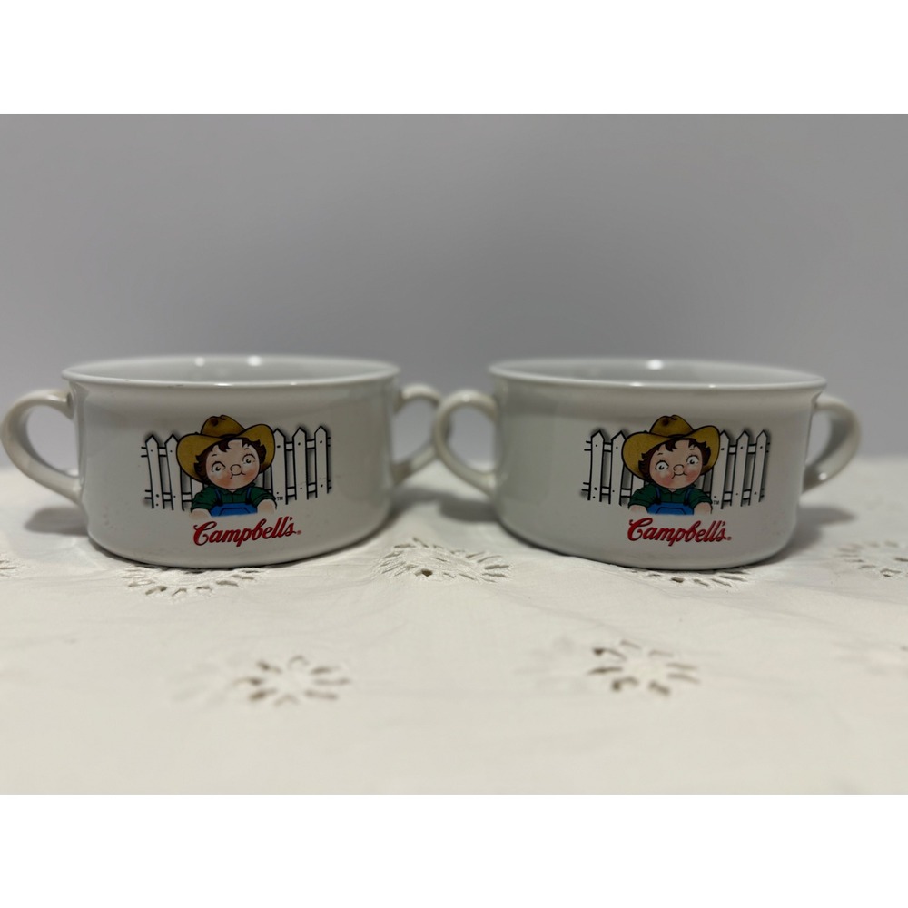 Vintage 2001 Campbells Soup Mugs Set of 2 Cowboy Kid Ceramic Double Handle Bowls